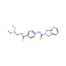 CC[C@@H](CNC(=O)c1ccc(NC(=O)N2Cc3cccnc3C2)cc1)OC ZINC000166644180