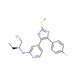 CC[C@@H](CO)Nc1cc(-c2[nH]c(SC)nc2-c2ccc(F)cc2)ccn1 ZINC000040936056