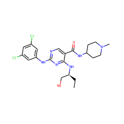 CC[C@@H](CO)Nc1nc(Nc2cc(Cl)cc(Cl)c2)ncc1C(=O)NC1CCN(C)CC1 ZINC000095594713