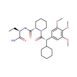 CC[C@@H](NC(=O)[C@@H]1CCCCN1C(=O)[C@H](c1cc(OC)c(OC)c(OC)c1)C1CCCCC1)C(N)=O ZINC000653916105