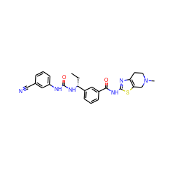 CC[C@@H](NC(=O)Nc1cccc(C#N)c1)c1cccc(C(=O)Nc2nc3c(s2)CN(C)CC3)c1 ZINC000141655212