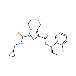 CC[C@@H](NC(=O)c1cc(C(=O)NCC2CC2)n2c1COCC2)c1ccccc1Cl ZINC000146148005