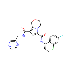 CC[C@@H](NC(=O)c1cc(C(=O)NCc2cnccn2)c2n1CCOC2)c1ccc(F)cc1Cl ZINC000146107163