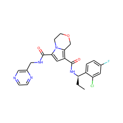 CC[C@@H](NC(=O)c1cc(C(=O)NCc2cnccn2)n2c1COCC2)c1ccc(F)cc1Cl ZINC000146061679