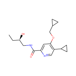 CC[C@@H](O)CNC(=O)c1cc(OCC2CC2)c(C2CC2)cn1 ZINC000149236534