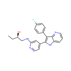 CC[C@@H](O)CNc1cc(-c2[nH]c3cccnc3c2-c2ccc(F)cc2)ccn1 ZINC000013528392