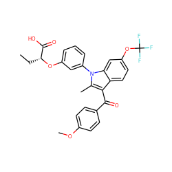 CC[C@@H](Oc1cccc(-n2c(C)c(C(=O)c3ccc(OC)cc3)c3ccc(OC(F)(F)F)cc32)c1)C(=O)O ZINC000049878561