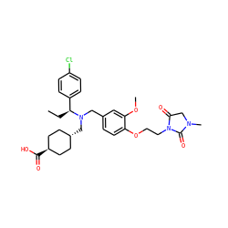 CC[C@@H](c1ccc(Cl)cc1)N(Cc1ccc(OCCN2C(=O)CN(C)C2=O)c(OC)c1)C[C@H]1CC[C@H](C(=O)O)CC1 ZINC000473228940