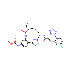 CC[C@@H]1CCC[C@H](NC(=O)/C=C/c2cc(Cl)ccc2-n2cnnn2)c2ncc([nH]2)-c2ccc(NC(=O)OC)cc2NC1=O ZINC001772641871