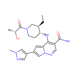 CC[C@@H]1CN(C(=O)[C@@H](C)O)CC[C@H]1Nc1c(C(N)=O)cnn2cc(-c3cnn(C)c3)cc12 ZINC000261072125