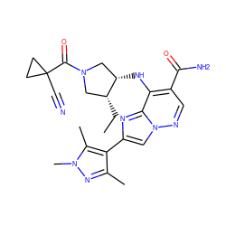 CC[C@@H]1CN(C(=O)C2(C#N)CC2)C[C@@H]1Nc1c(C(N)=O)cnn2cc(-c3c(C)nn(C)c3C)nc12 ZINC001772635358