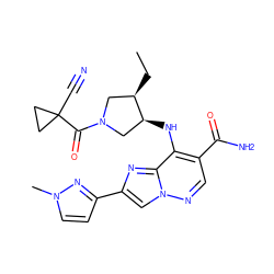 CC[C@@H]1CN(C(=O)C2(C#N)CC2)C[C@@H]1Nc1c(C(N)=O)cnn2cc(-c3ccn(C)n3)nc12 ZINC001772628249