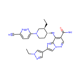 CC[C@@H]1CN(c2ccc(C#N)nn2)CC[C@H]1Nc1c(C(N)=O)cnn2cc(-c3cnn(CC)c3)nc12 ZINC001772580139