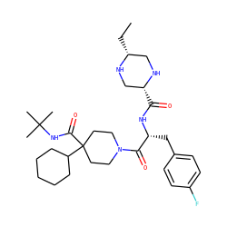 CC[C@@H]1CN[C@H](C(=O)N[C@H](Cc2ccc(F)cc2)C(=O)N2CCC(C(=O)NC(C)(C)C)(C3CCCCC3)CC2)CN1 ZINC000028522966