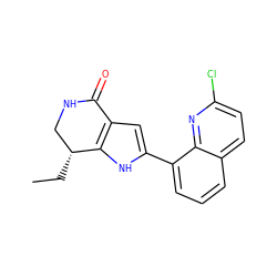 CC[C@@H]1CNC(=O)c2cc(-c3cccc4ccc(Cl)nc34)[nH]c21 ZINC000222328518