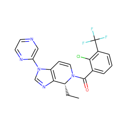 CC[C@@H]1c2ncn(-c3cnccn3)c2C=CN1C(=O)c1cccc(C(F)(F)F)c1Cl ZINC000226020138