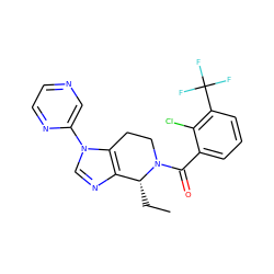 CC[C@@H]1c2ncn(-c3cnccn3)c2CCN1C(=O)c1cccc(C(F)(F)F)c1Cl ZINC000218532111