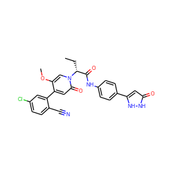 CC[C@H](C(=O)Nc1ccc(-c2cc(=O)[nH][nH]2)cc1)n1cc(OC)c(-c2cc(Cl)ccc2C#N)cc1=O ZINC001772651588