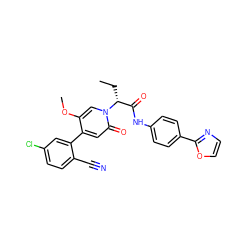 CC[C@H](C(=O)Nc1ccc(-c2ncco2)cc1)n1cc(OC)c(-c2cc(Cl)ccc2C#N)cc1=O ZINC001772576089