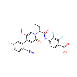 CC[C@H](C(=O)Nc1ccc(C(=O)O)c(F)c1F)n1cc(OC)c(-c2cc(Cl)ccc2C#N)cc1=O ZINC001772620728