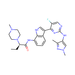 CC[C@H](C(=O)Nc1cccc2c(-c3nc(Nc4cn(C)nc4C)ncc3F)c[nH]c12)N1CCN(C)CC1 ZINC001772648799