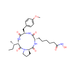 CC[C@H](C)[C@@H]1NC(=O)[C@@H](Cc2ccc(OC)cc2)NC(=O)[C@H](CCCCCC(=O)NO)NC(=O)[C@H]2CCCN2C1=O ZINC000003924226