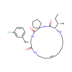 CC[C@H](C)[C@@H]1NCCCC/C=C/CCNC(=O)[C@H](Cc2cccc(Cl)c2)NC(=O)C2(CCCC2)NC1=O ZINC001772613759