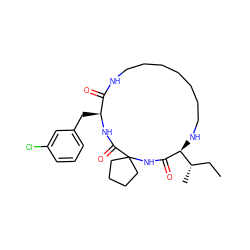 CC[C@H](C)[C@@H]1NCCCCCCCNC(=O)[C@H](Cc2cccc(Cl)c2)NC(=O)C2(CCCC2)NC1=O ZINC001772636673