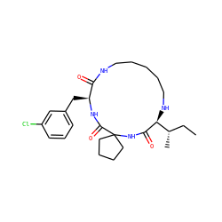 CC[C@H](C)[C@@H]1NCCCCCNC(=O)[C@H](Cc2cccc(Cl)c2)NC(=O)C2(CCCC2)NC1=O ZINC001772624585