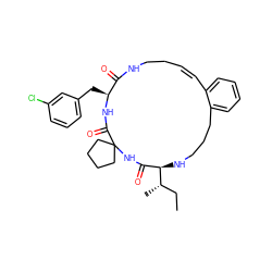 CC[C@H](C)[C@@H]1NCCCc2ccccc2/C=C\CCNC(=O)[C@H](Cc2cccc(Cl)c2)NC(=O)C2(CCCC2)NC1=O ZINC001772603305