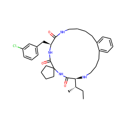 CC[C@H](C)[C@@H]1NCCCc2ccccc2CCCCNC(=O)[C@H](Cc2cccc(Cl)c2)NC(=O)C2(CCCC2)NC1=O ZINC001772643766