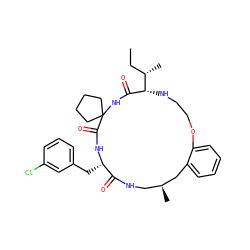 CC[C@H](C)[C@@H]1NCCOc2ccccc2C[C@@H](C)CNC(=O)[C@H](Cc2cccc(Cl)c2)NC(=O)C2(CCCC2)NC1=O ZINC001772633678