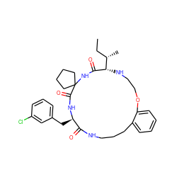 CC[C@H](C)[C@@H]1NCCOc2ccccc2CCCNC(=O)[C@@H](Cc2cccc(Cl)c2)NC(=O)C2(CCCC2)NC1=O ZINC001772600918