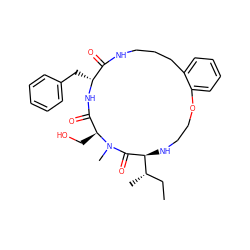 CC[C@H](C)[C@@H]1NCCOc2ccccc2CCCNC(=O)[C@@H](Cc2ccccc2)NC(=O)[C@H](CO)N(C)C1=O ZINC000095563327