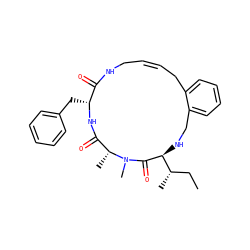 CC[C@H](C)[C@@H]1NCc2ccccc2C/C=C\CNC(=O)[C@@H](Cc2ccccc2)NC(=O)[C@@H](C)N(C)C1=O ZINC001772584844