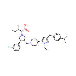CC[C@H](C)[C@H](C(=O)O)N1C[C@H](CN2CCC(c3cc(Cc4ccc(C(C)C)cc4)nn3CC)CC2)[C@@H](c2cccc(F)c2)C1 ZINC000028016364