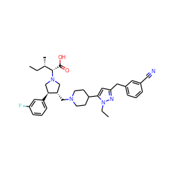 CC[C@H](C)[C@H](C(=O)O)N1C[C@H](CN2CCC(c3cc(Cc4cccc(C#N)c4)nn3CC)CC2)[C@@H](c2cccc(F)c2)C1 ZINC000096302083
