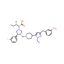 CC[C@H](C)[C@H](C(=O)O)N1C[C@H](CN2CCC(c3cc(Cc4cccc(OC)c4)nn3CC)CC2)[C@@H](c2cccc(F)c2)C1 ZINC000028093856