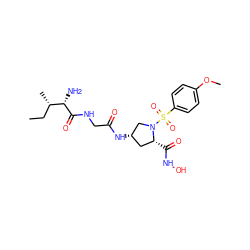 CC[C@H](C)[C@H](N)C(=O)NCC(=O)N[C@H]1C[C@@H](C(=O)NO)N(S(=O)(=O)c2ccc(OC)cc2)C1 ZINC000169330370