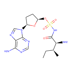 CC[C@H](C)[C@H](N)C(=O)NS(=O)(=O)O[C@@H]1CC[C@H](n2cnc3c(N)ncnc32)O1 ZINC000028455987