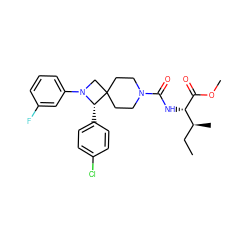 CC[C@H](C)[C@H](NC(=O)N1CCC2(CC1)CN(c1cccc(F)c1)[C@H]2c1ccc(Cl)cc1)C(=O)OC ZINC000058519691