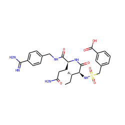 CC[C@H](C)[C@H](NS(=O)(=O)Cc1cccc(C(=O)O)c1)C(=O)N[C@@H](CCC(N)=O)C(=O)NCc1ccc(C(=N)N)cc1 ZINC000042834575