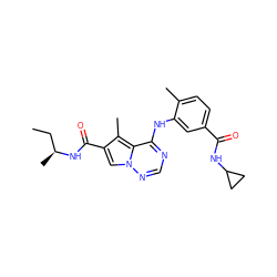 CC[C@H](C)NC(=O)c1cn2ncnc(Nc3cc(C(=O)NC4CC4)ccc3C)c2c1C ZINC000038939622