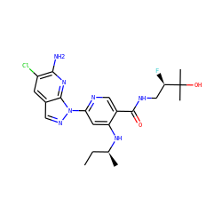 CC[C@H](C)Nc1cc(-n2ncc3cc(Cl)c(N)nc32)ncc1C(=O)NC[C@@H](F)C(C)(C)O ZINC001772604467