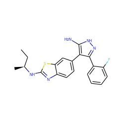 CC[C@H](C)Nc1nc2ccc(-c3c(-c4ccccc4F)n[nH]c3N)cc2s1 ZINC000029041811