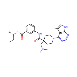 CC[C@H](C)OC(=O)c1cccc(NC(=O)C2(CN(C)C)CCN(c3ncnc4[nH]cc(C)c34)CC2)c1 ZINC000473117377