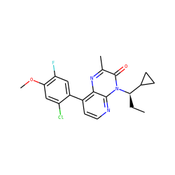 CC[C@H](C1CC1)n1c(=O)c(C)nc2c(-c3cc(F)c(OC)cc3Cl)ccnc21 ZINC000003942991