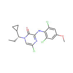 CC[C@H](C1CC1)n1cc(Cl)nc(Nc2c(Cl)cc(OC)cc2Cl)c1=O ZINC000043074926