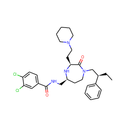 CC[C@H](CN1CC[C@@H](CNC(=O)c2ccc(Cl)c(Cl)c2)N[C@@H](CCN2CCCCC2)C1=O)c1ccccc1 ZINC000118686102