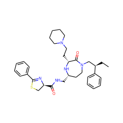 CC[C@H](CN1CC[C@H](CNC(=O)[C@H]2CSC(c3ccccc3)=N2)N[C@H](CCN2CCCCC2)C1=O)c1ccccc1 ZINC001772610025